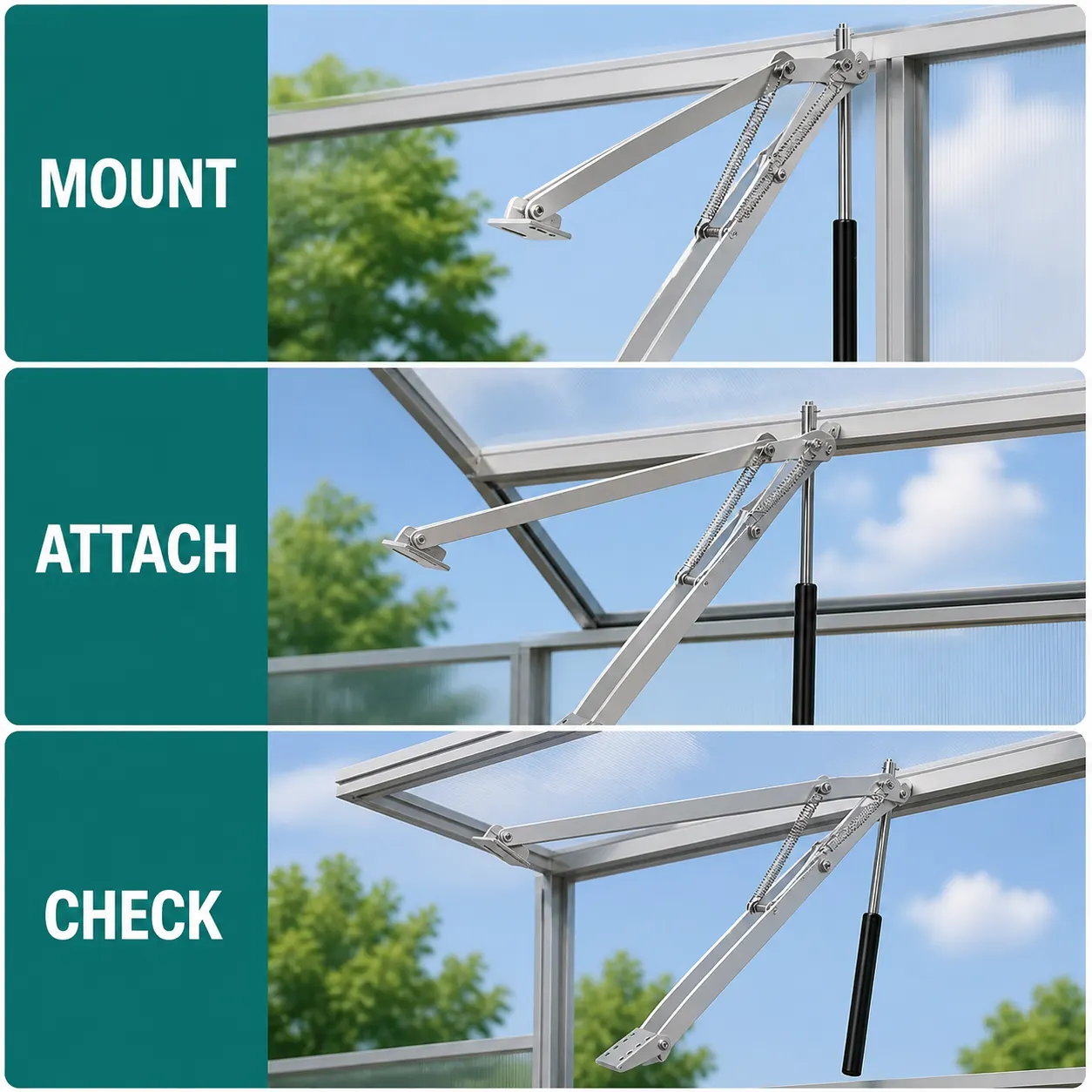 Automatic Greenhouse Window Opener setup and use views
